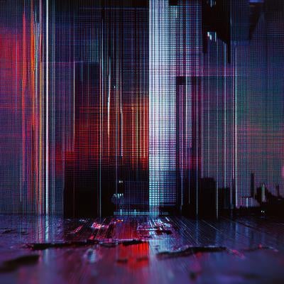 赤と青の縦線ノイズが発生したデジタル画面のグリッチエフェクトの写真