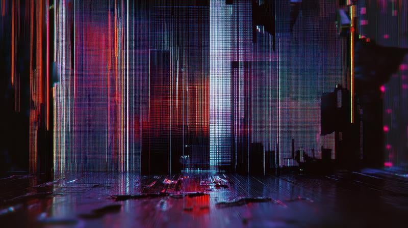 赤と青の縦線ノイズが発生したデジタル画面のグリッチエフェクトの写真