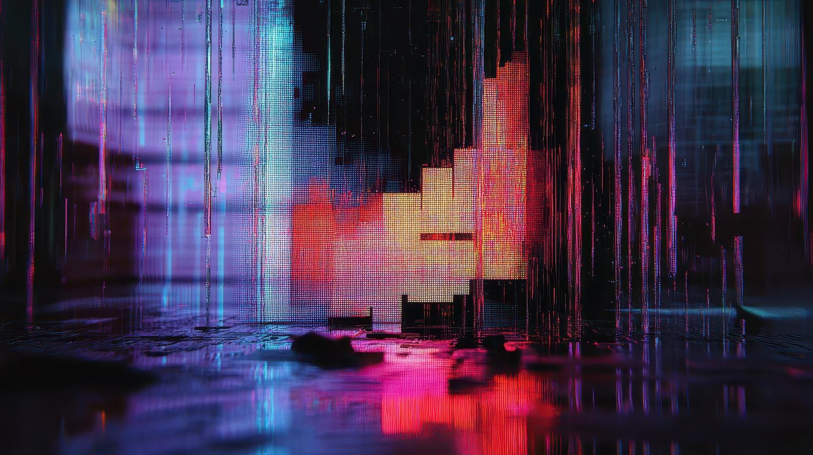 「デジタルグリッチで歪む近未来都市空間」の写真