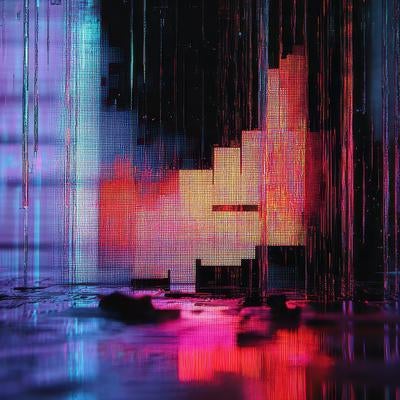 デジタルグリッチで歪む近未来都市空間の素材
