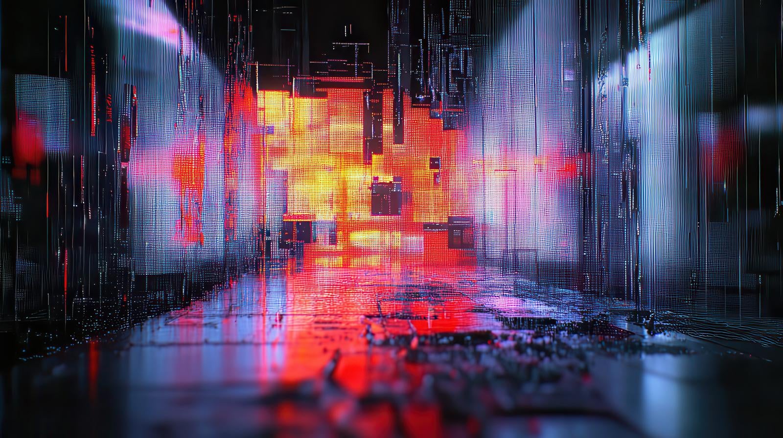 赤と青のネオンが濡れた地面に反射するグリッチノイズに覆われた近未来風の都市空間