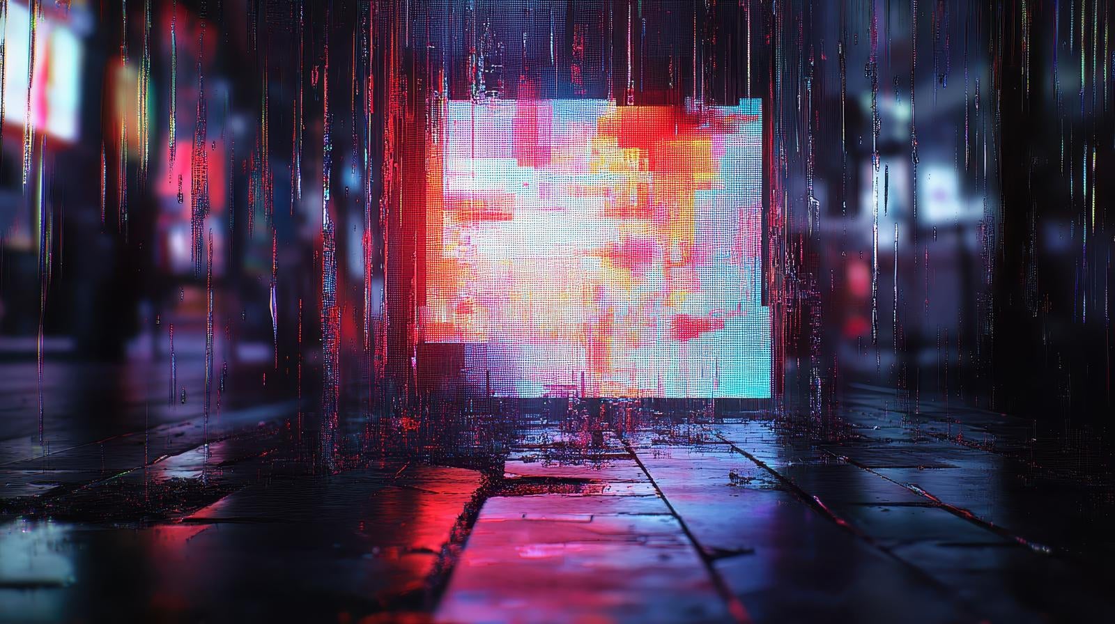 暗い路地風の空間に雨のようなグリッチノイズが降り注ぎ、発光するモニターの光が濡れた地面に反射するAI画像