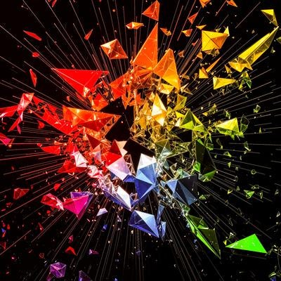 虹色の多角形が爆発的に飛び散る3Dデジタルアートの写真