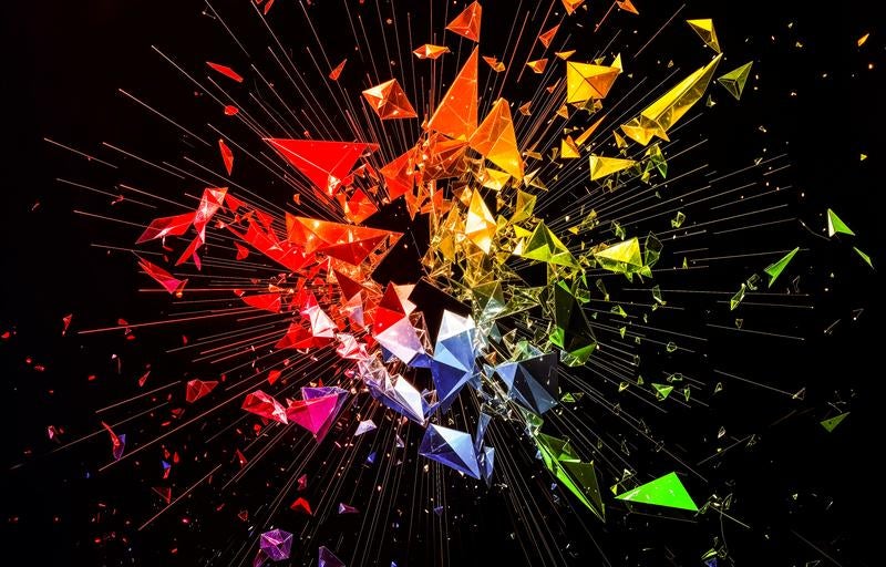 虹色の幾何学模様が飛び散るデジタルアートの写真