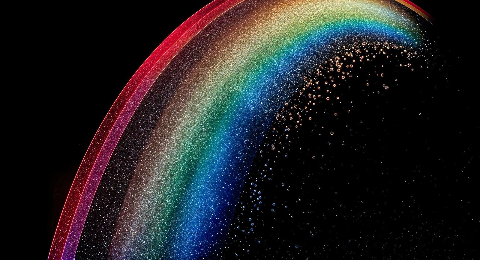 黒い背景に粒子で描かれた七色の虹のアーチが弧を描くAI画像