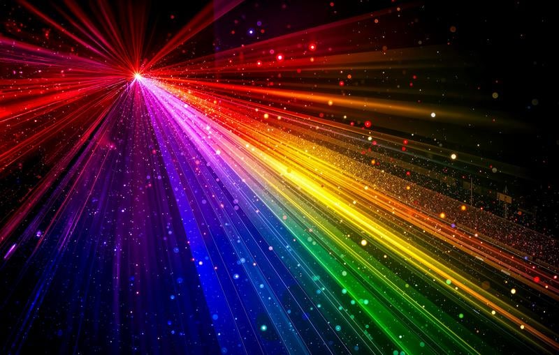 放射状に広がる虹色のレインボー光線の写真