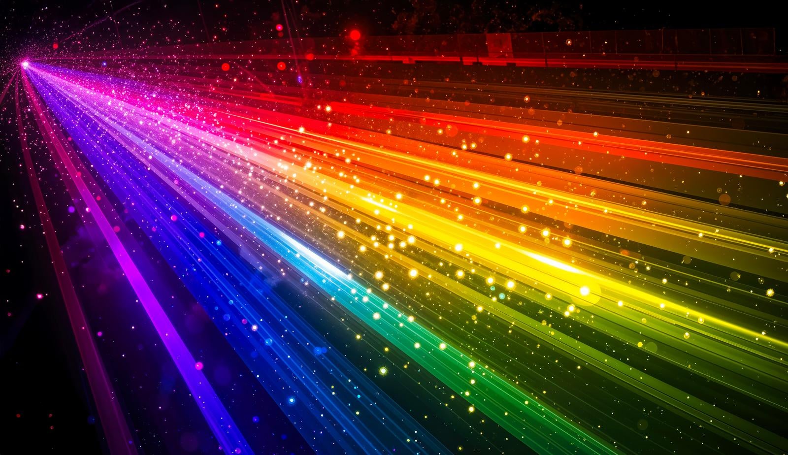 黒背景に一点から七色の光線が放射状に広がり粒子が散るAI画像