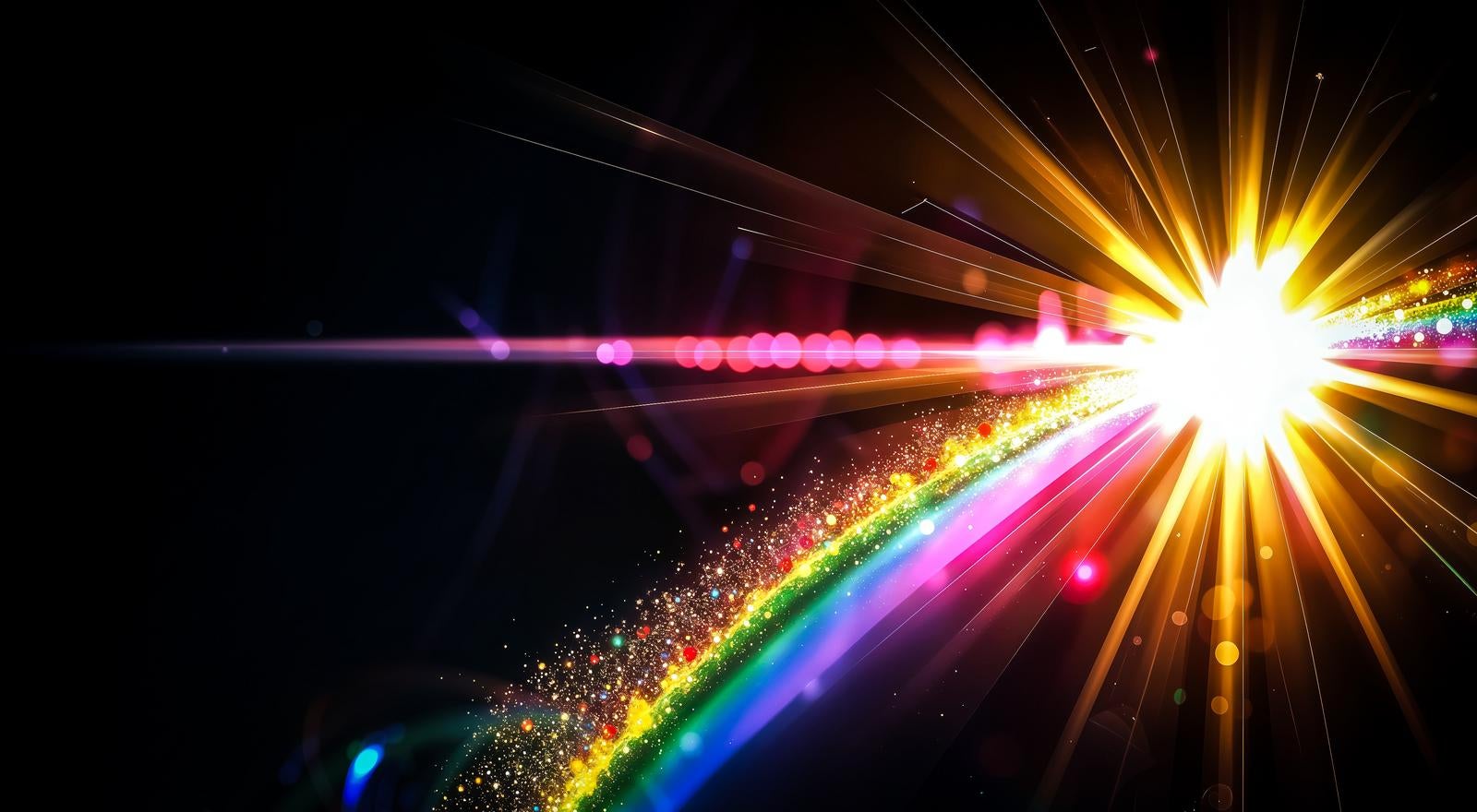 黒背景に右側の光源から虹色の光芒が放射状に広がるエフェクト画像