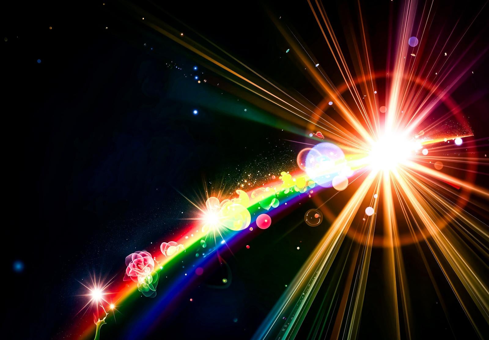 Rainbow-colored light rays diagonally crossing through a dark cosmic space with radiant light effects and rose motifs floating