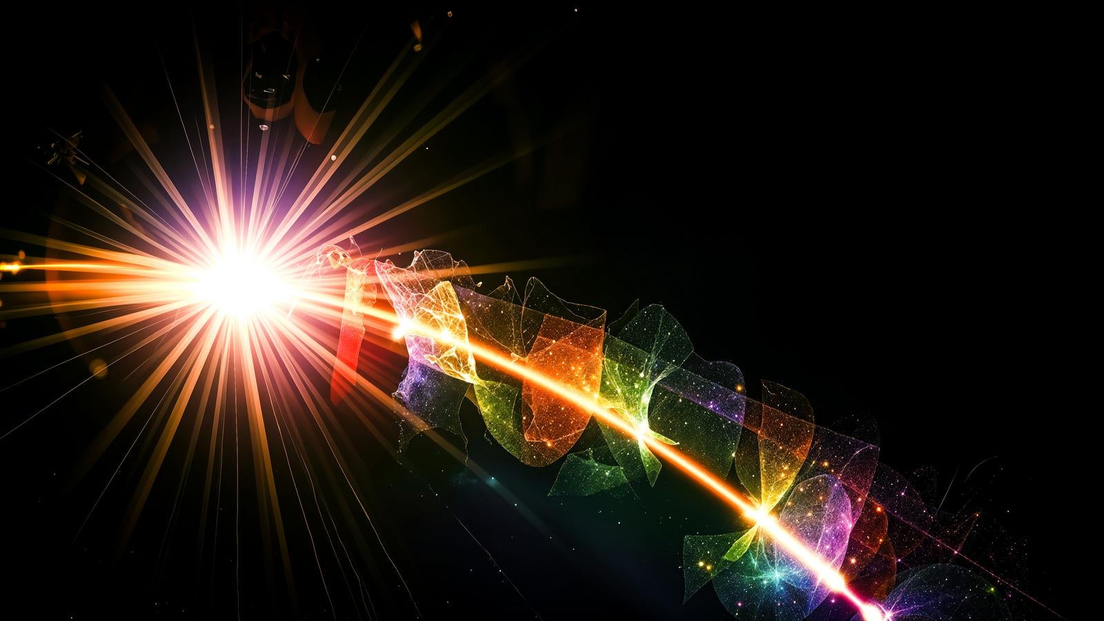 CG image of radial light spreading from a black background with floating semi-transparent digital mesh