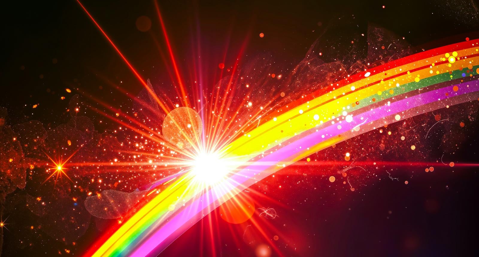 An AI image of a cosmic effect with rainbow-colored bands and radial light rays (kōbō) spreading from the center of darkness