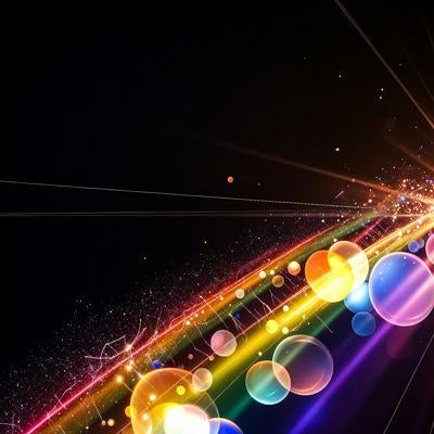 黒背景に広がる光芒と虹色のバブルの写真