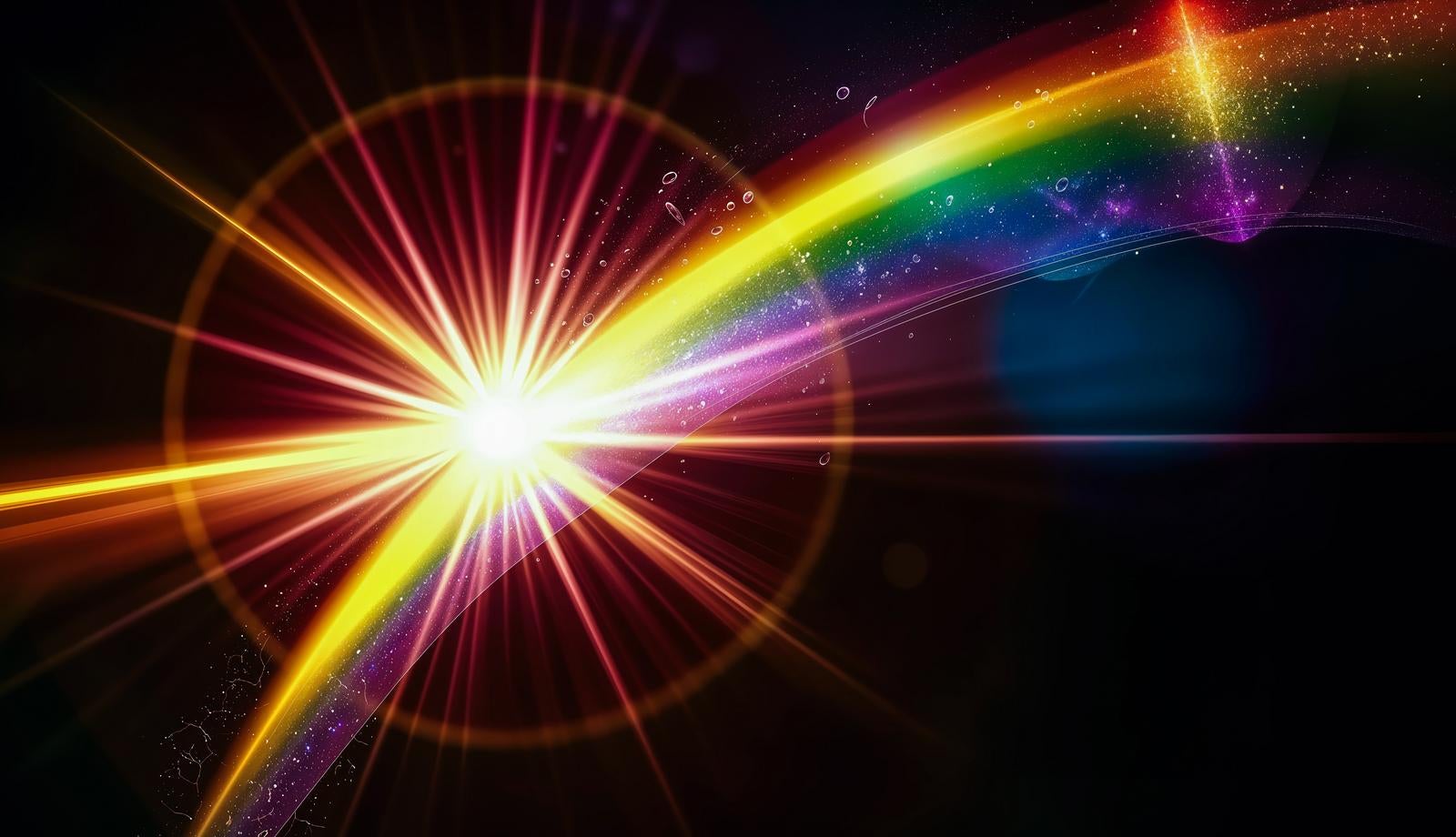 Effect with radial light rays extending from a glowing center point and a rainbow-colored arch spreading across a black background