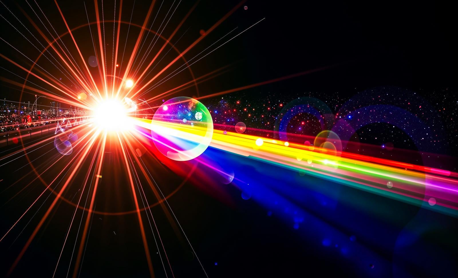 暗闇の中から放射状に広がる虹色の光芒と透明な球体のCGイメージ