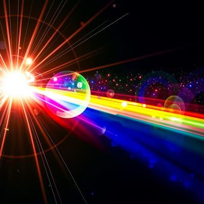 虹色の光芒と球体が広がる宇宙空間の写真