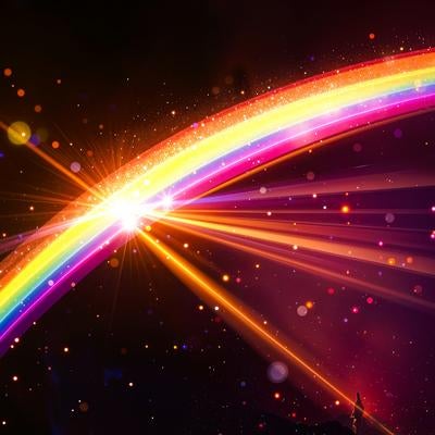 暗闇を走る虹と光芒の写真