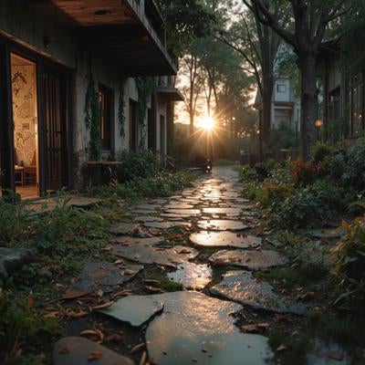 夕日の光と廃墟の様子の写真