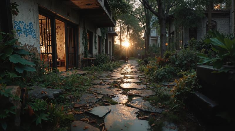 夕日の光と廃墟の様子の写真