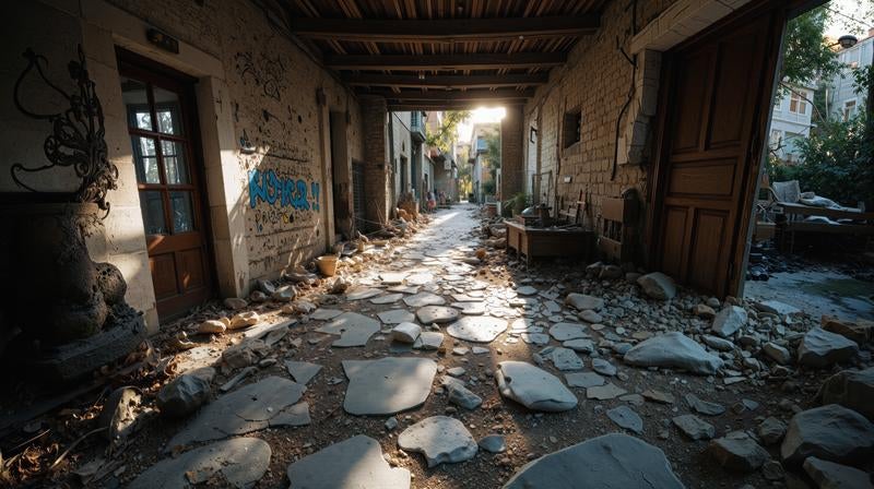 廃墟と化した路地裏の通路の写真