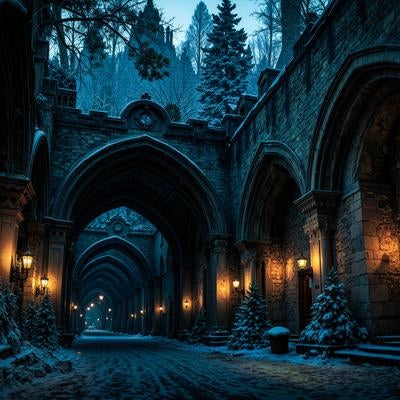 雪に包まれた石造回廊と幻想の灯りの写真