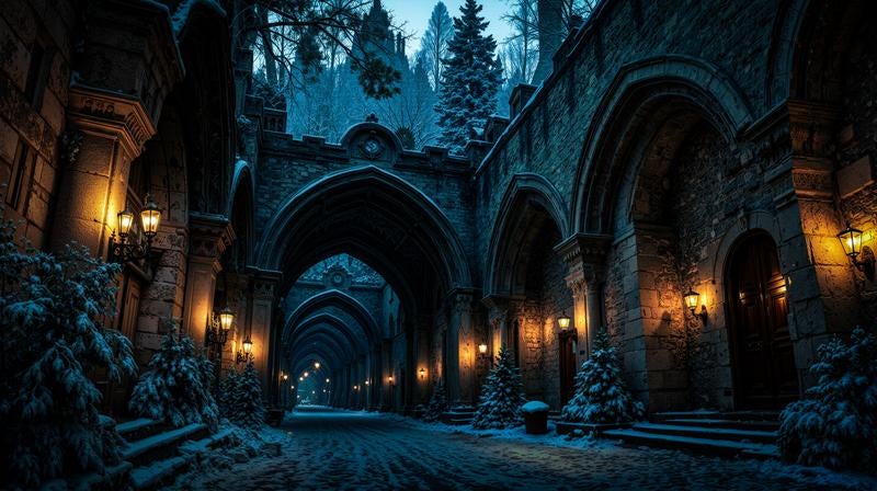 雪に包まれた石造回廊と幻想の灯りの写真