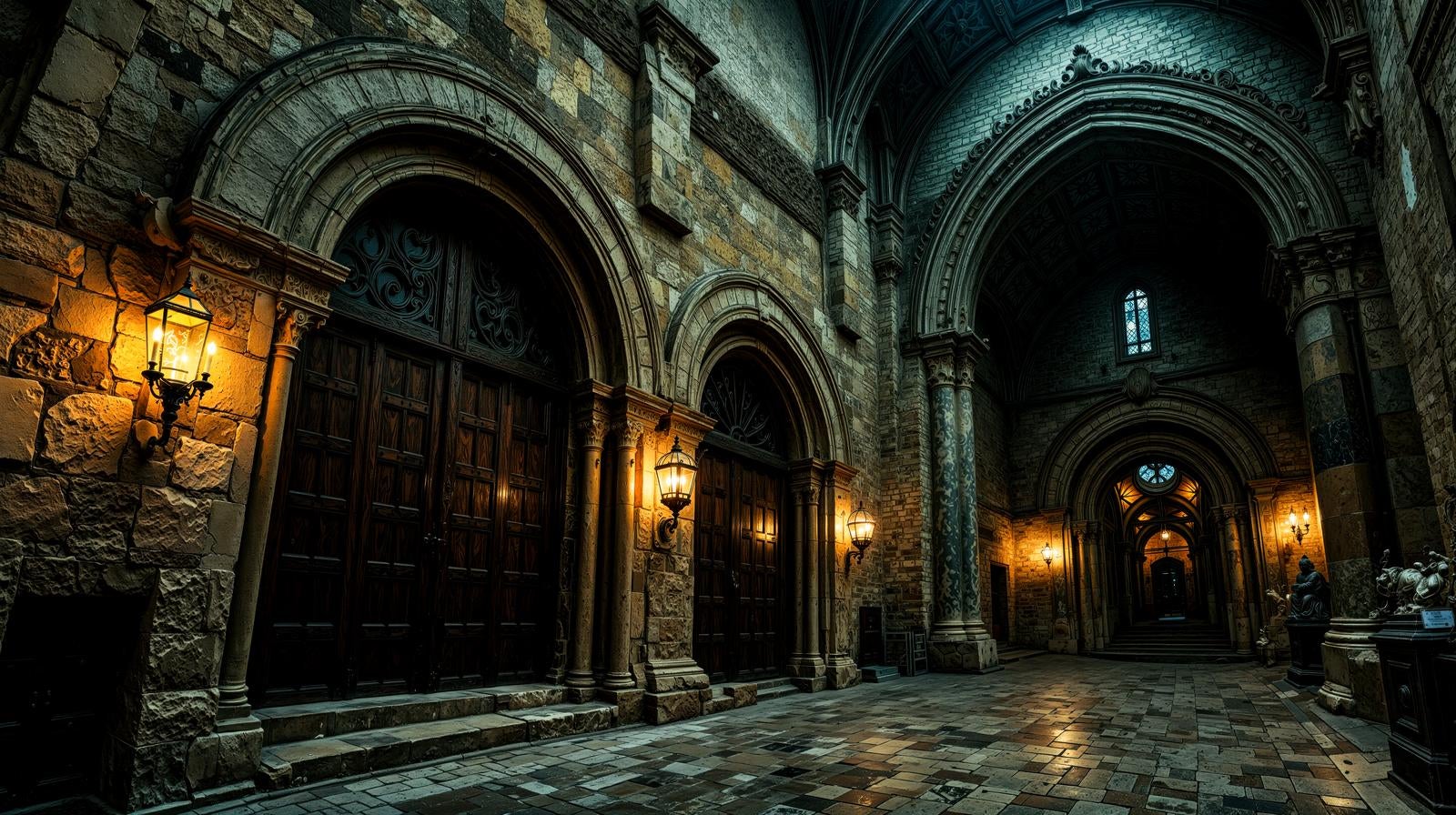 「ランプの光に包まれた室内回廊」の写真