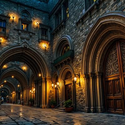 重厚な門と石造壁に映えるランプの輝きの写真