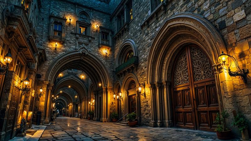 重厚な門と石造壁に映えるランプの輝きの写真