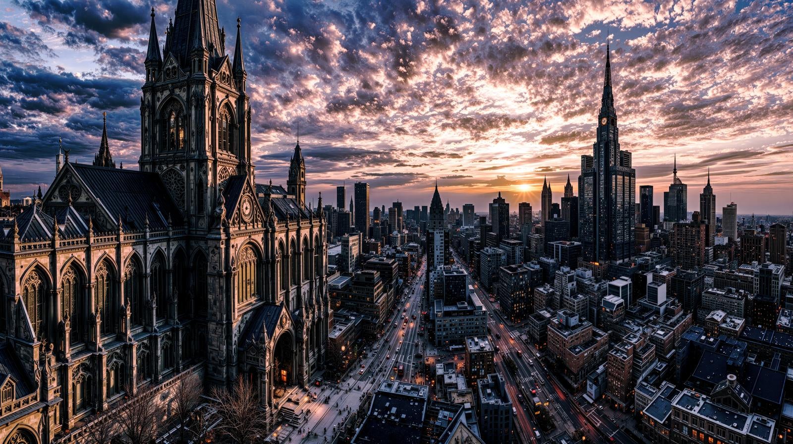 「大聖堂と高層ビル群が並ぶ都市の夕暮れ」の写真