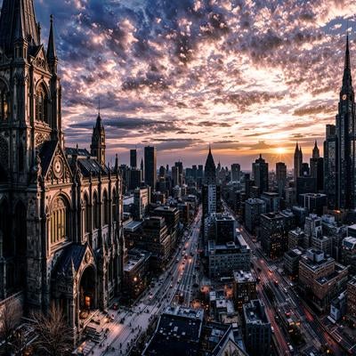 大聖堂と高層ビル群が並ぶ都市の夕暮れの写真