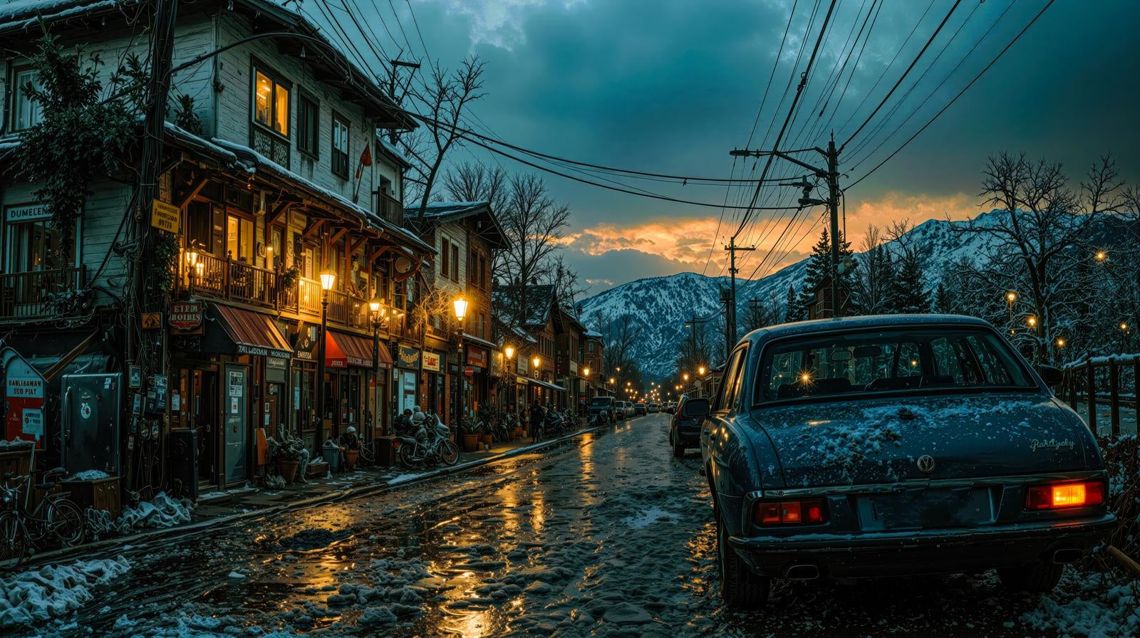 「冬の山麓に位置するレトロな街角」の写真