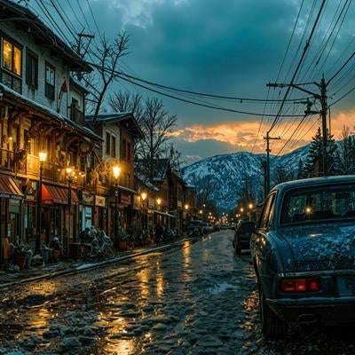 冬の山麓に位置するレトロな街角の写真