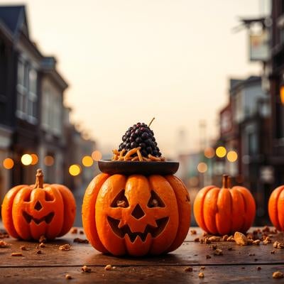 ハロウィンの街角に並ぶパンプキンたちの写真