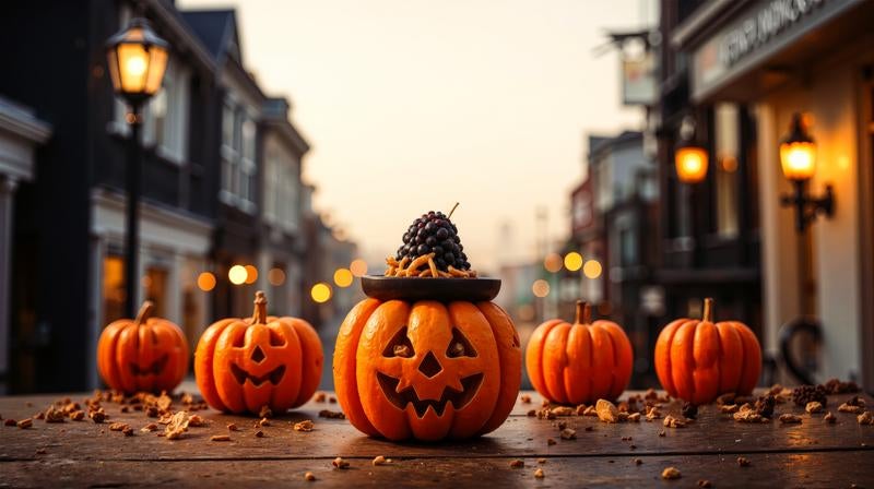 ハロウィンの街角に並ぶパンプキンたちの写真