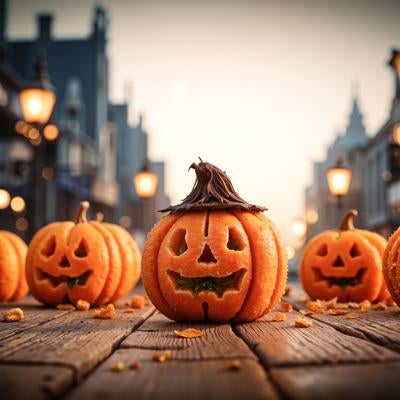 ハロウィンの夜を彩るパンプキンたちの写真