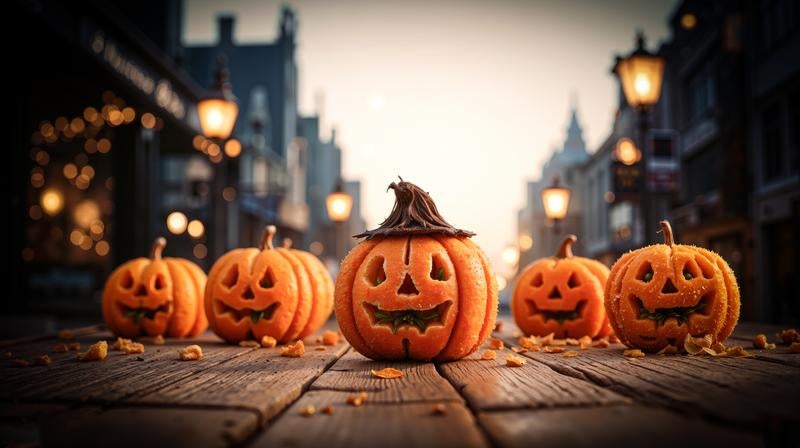 ハロウィンの夜を彩るパンプキンたちの写真