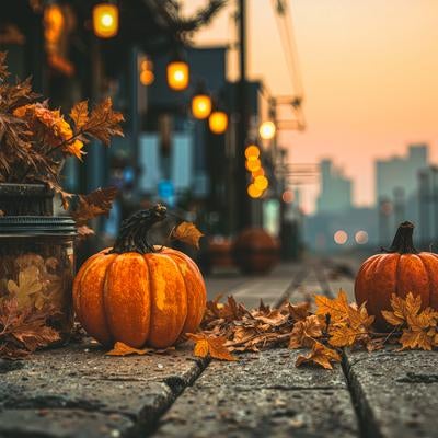 ハロウィン時期に転がるかぼちゃの写真