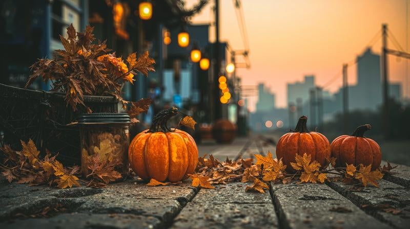 ハロウィン時期に転がるかぼちゃの写真