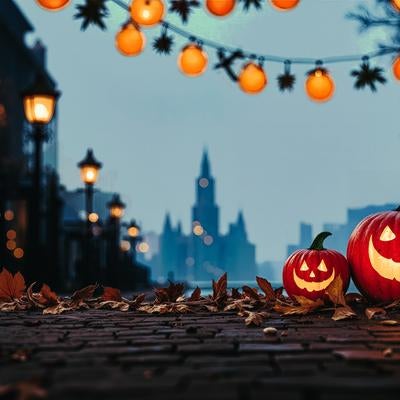 ハロウィンの夜を照らす三つのジャック・オー・ランタンの写真