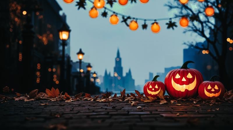 ハロウィンの夜を照らす三つのジャック・オー・ランタンの写真