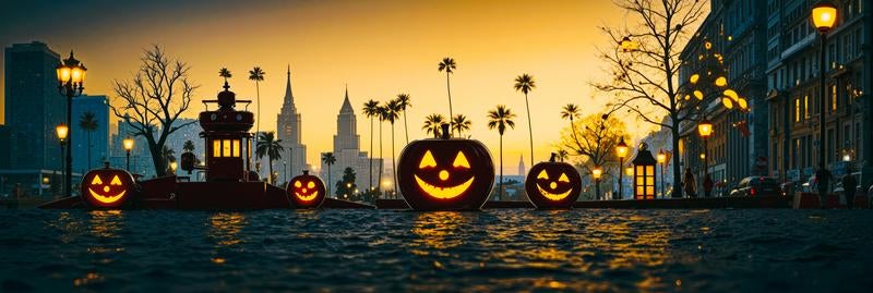 ハロウィンの闇夜に輝くジャック・オー・ランタンの写真