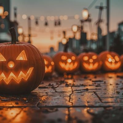 ハロウィンの夜を照らすかぼちゃの列の写真