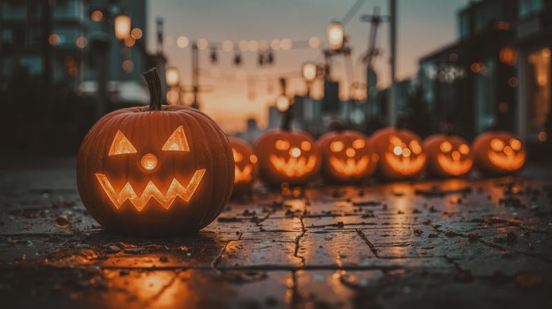ハロウィンの夜を照らすかぼちゃの列の写真