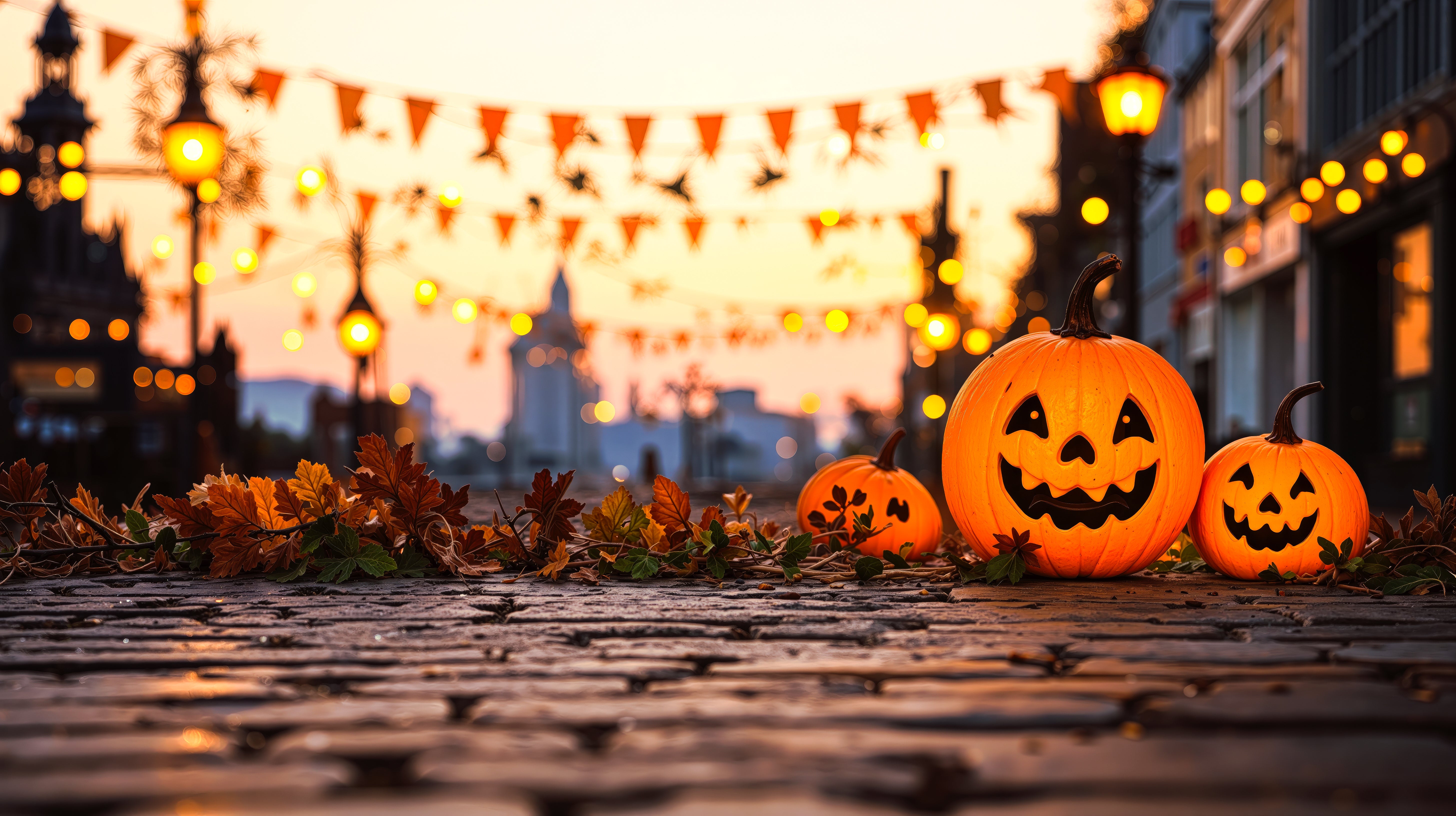 街角に飾られるジャックオーランタンとハロウィンの無料のAI画像素材