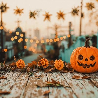 夕暮れのテラスに並ぶハロウィンパンプキンの写真