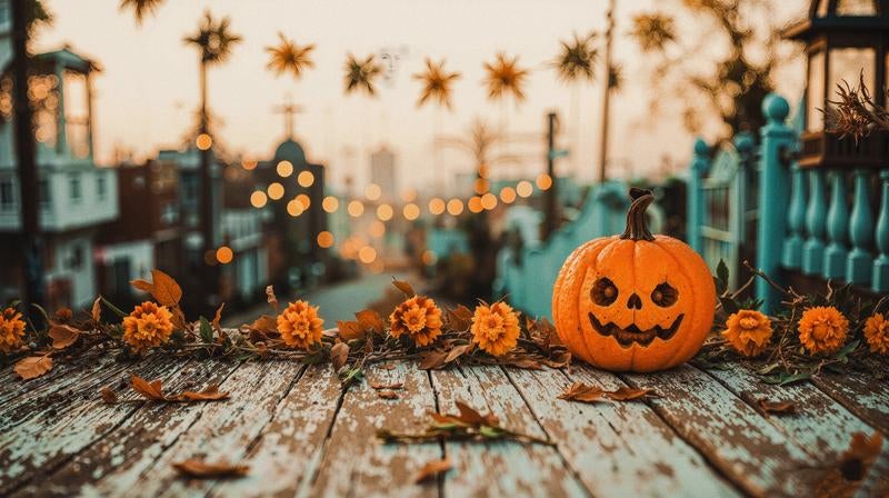 夕暮れのテラスに並ぶハロウィンパンプキンの写真