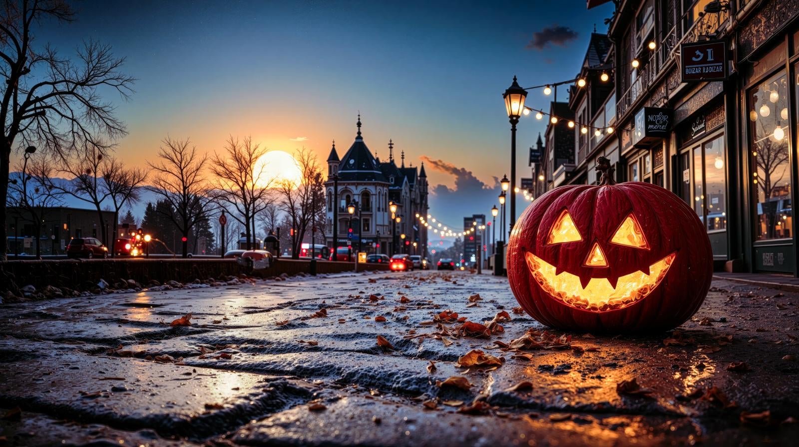 「夕暮れの街角に微笑むハロウィンパンプキン」の写真