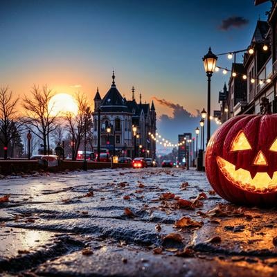 夕暮れの街角に微笑むハロウィンパンプキンの写真
