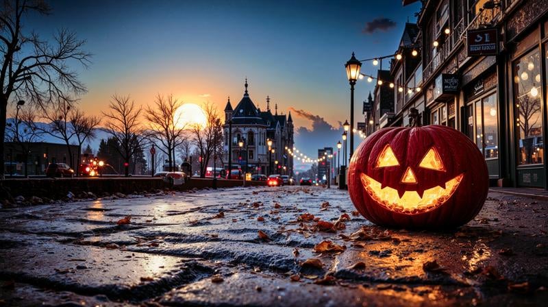 夕暮れの街角に微笑むハロウィンパンプキンの写真