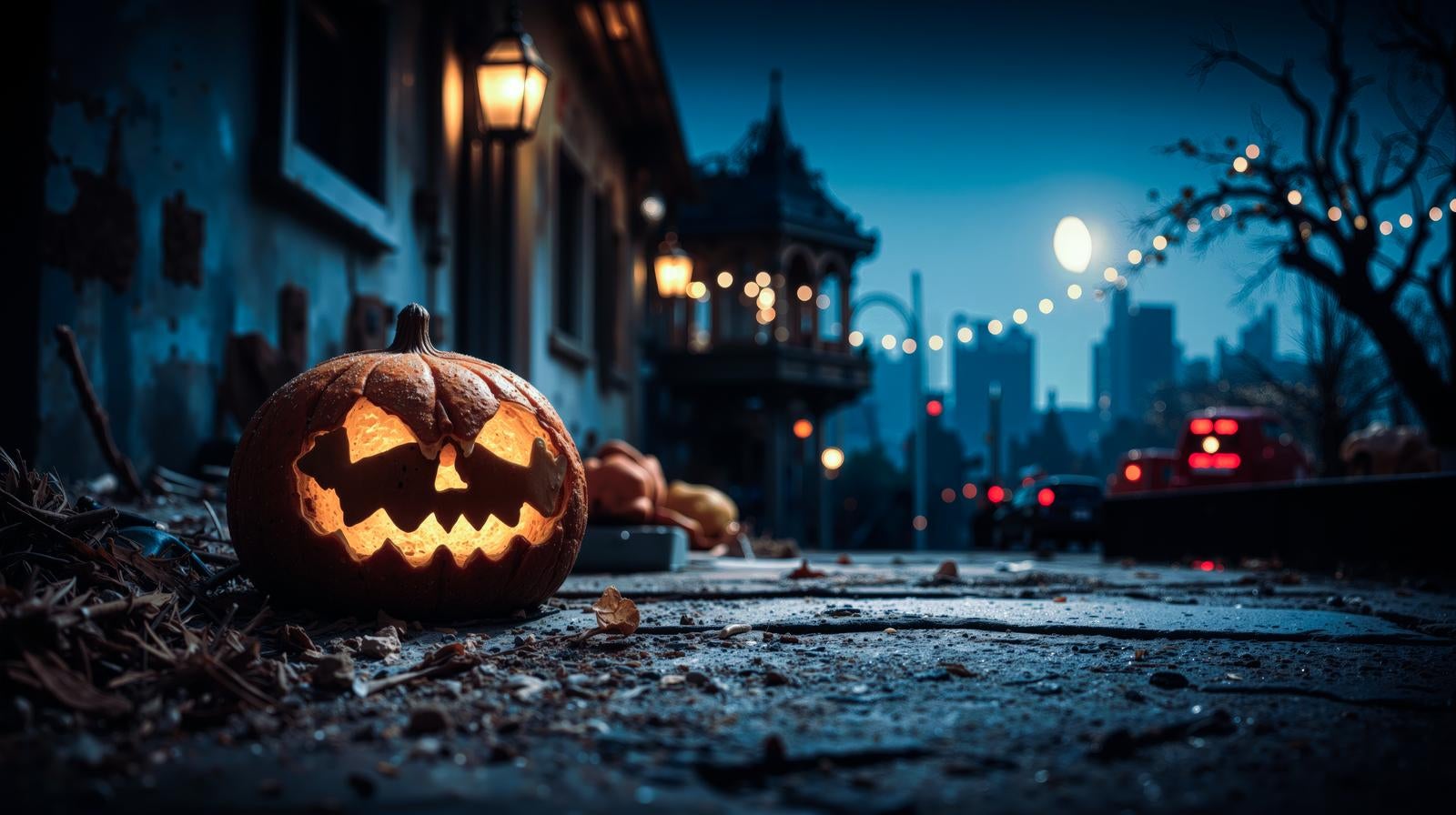 「夜の街角に設置されたジャックオランタンのかぼちゃ」の写真